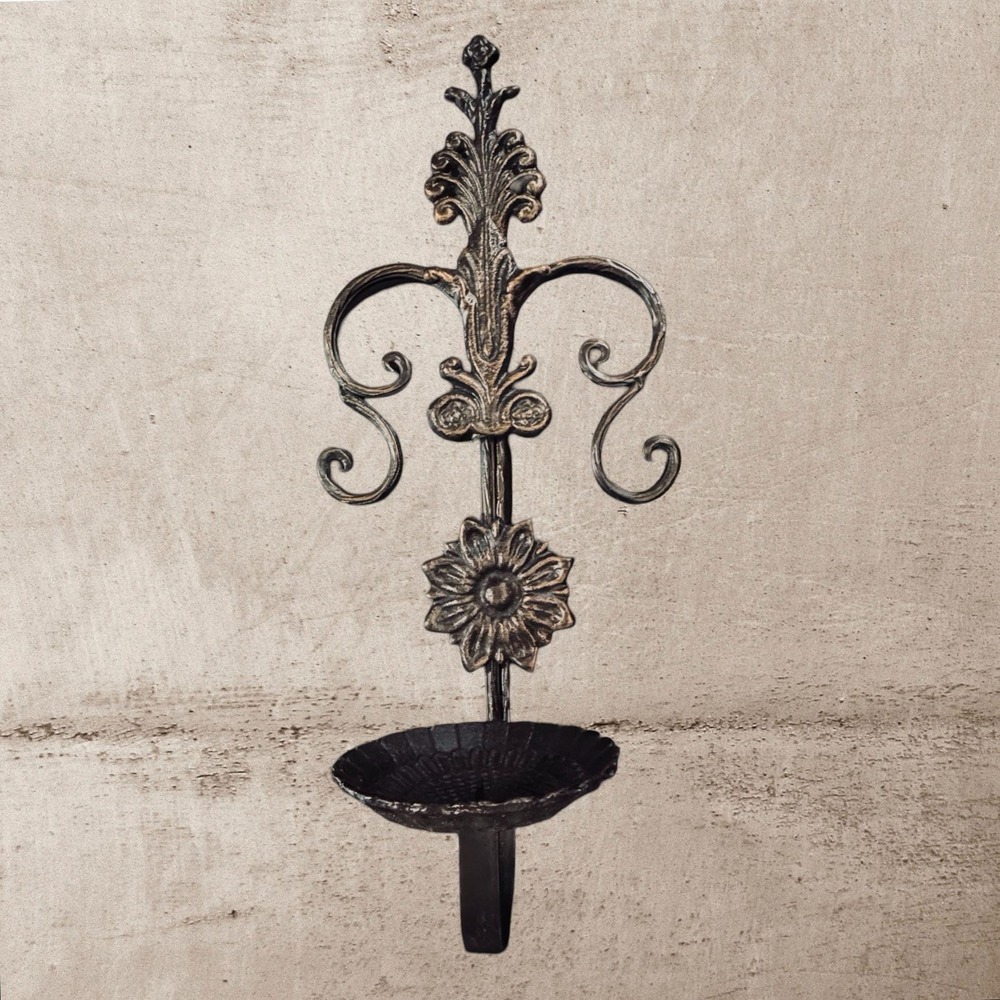 Wall-Mounted Cast Iron‎ Candle Holder Intricate Scrollwork Floral Accents Bronze